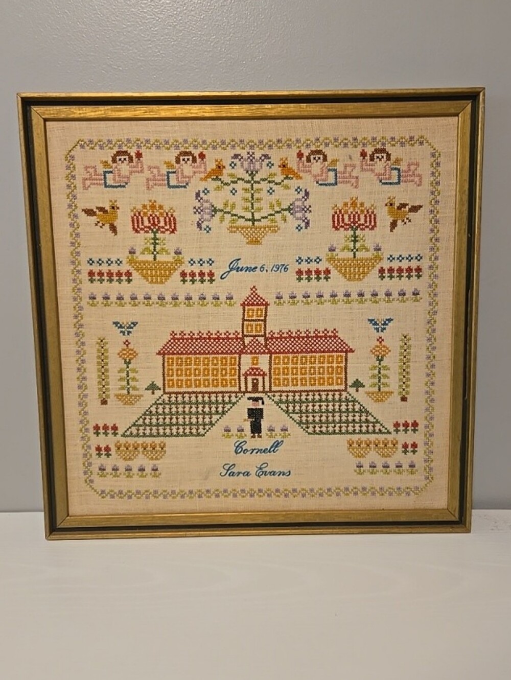 Vintage Cross Stitch Sampler Tree Birds Signed Finished Framed 1976
